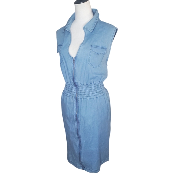 Cupro Bronamina Sleeveless Denim Blue Zip Up Dress - Picture 2 of 7